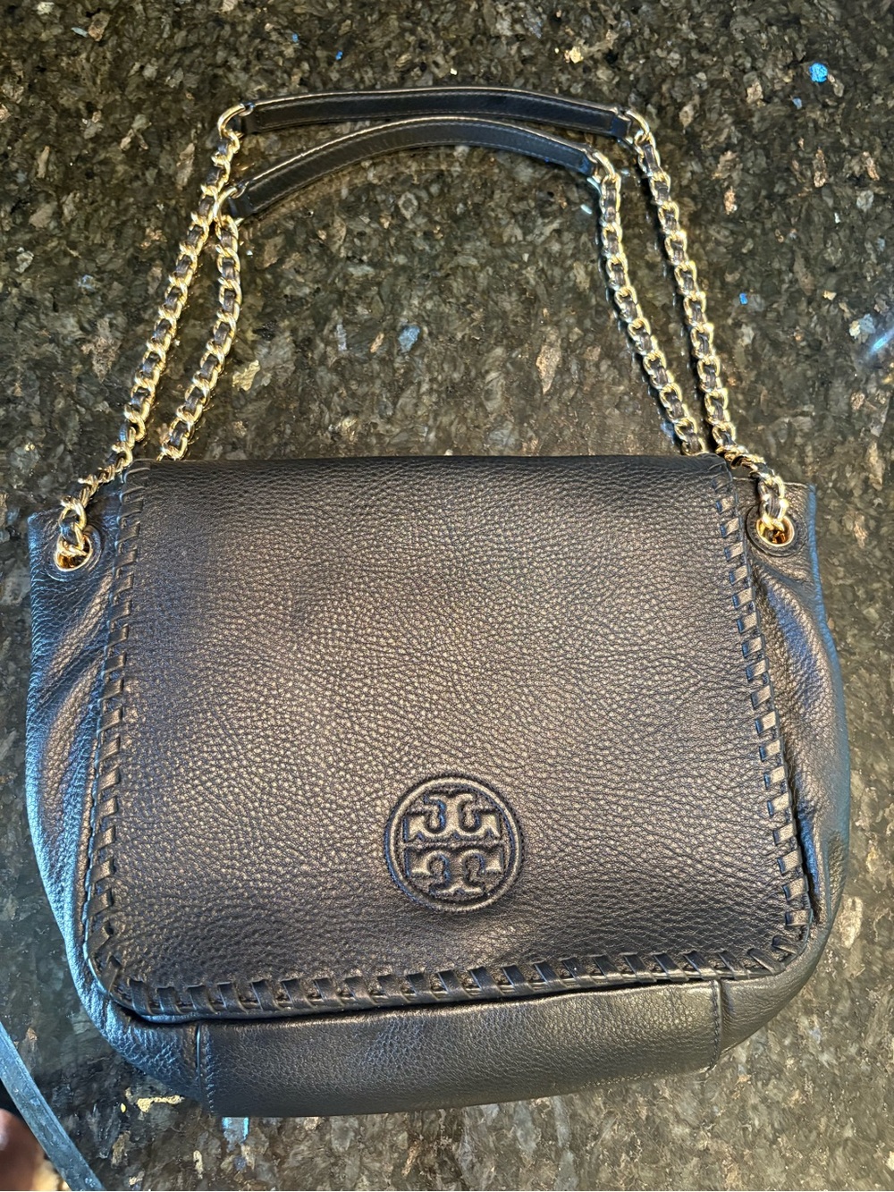 Tory Burch Black Leather Shoulder Bag with Gold Chain Strap